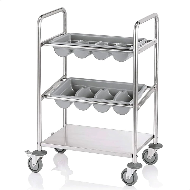 Omega Cutlery Trolley for Cutlery with 2 Cutlery Inserts, Stainless Steel Trolley with 4 Casters - Metal Storage Board